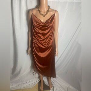 Rust Satin Cowl Neck Midi Dress 1XL Parthea Ruched Slip Spaghetti Strap